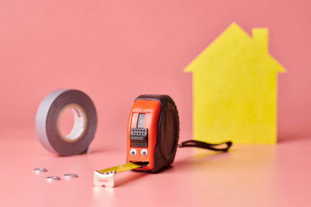 Metal tape measure funny concept. House renovation. Home repair and redecorated concept. Yellow house shaped figure on pink background.