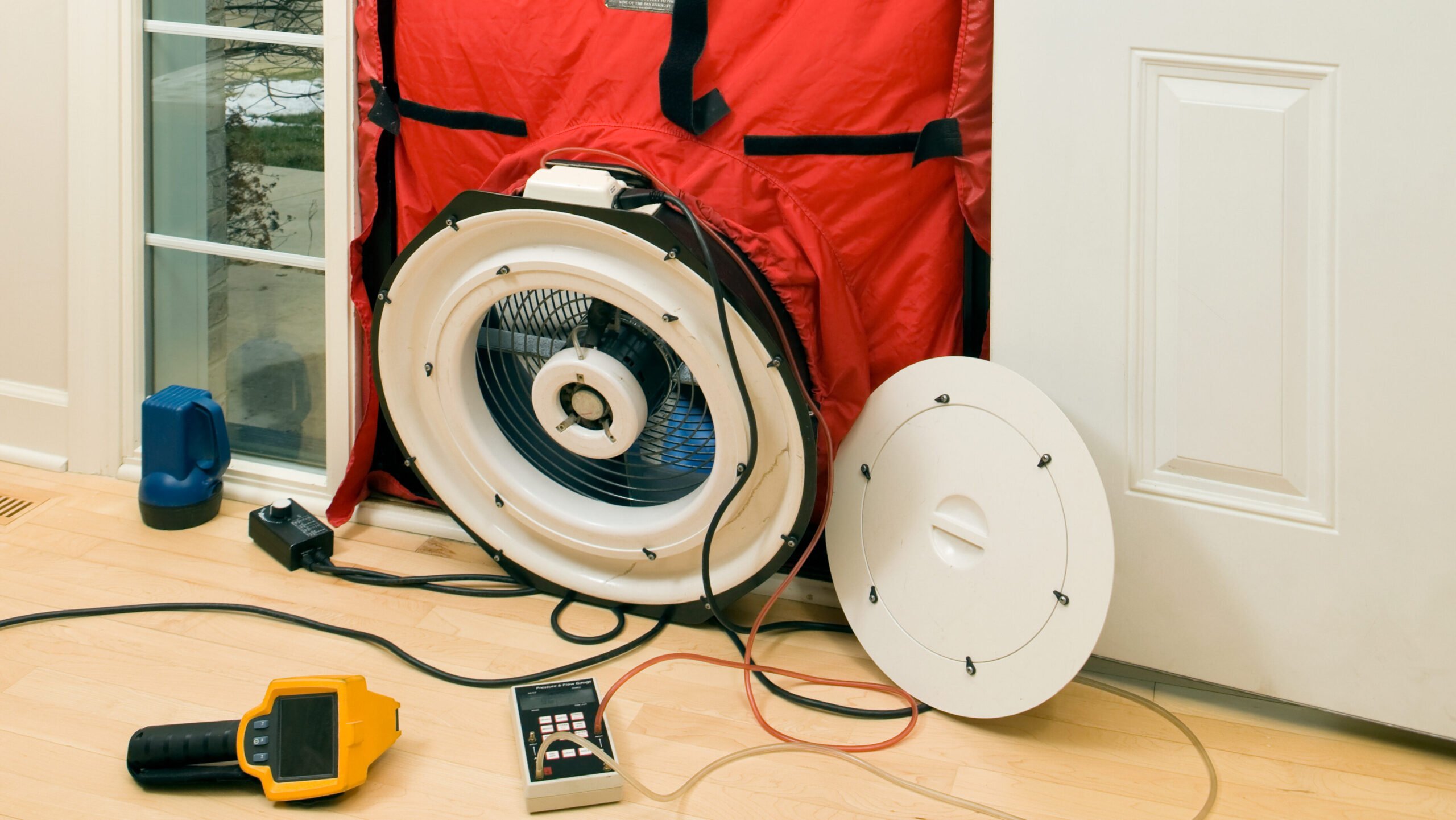 A blower door installed for a residential home energy audit. The blower creates negative air pressure inside the home, the yellow thermal imaging gun will be used to detect drafts and cold spots within the home’s insulation. Energy audits are performed to determine how efficient the house is and to suggest steps to increase energy efficiency. This particular audit is being performed in the winter with gray skies and some snow visible outdoors.