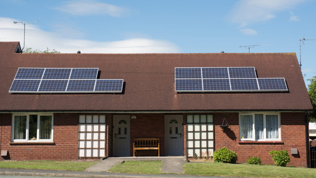 Trefor, Wales - June 30, 2015: bungalows with solar panels on their roofs